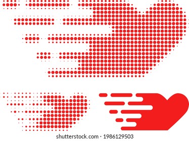 Rush lovely heart halftone dotted icon. Halftone array contains circle points. Vector illustration of rush lovely heart icon on a white background.