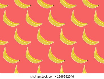 Rush pattern of yellow bananas on a red background, can be used as a background. Minimalist flat design.