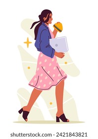 Rush person concept. Woman in casual clothes run. Character with bad time management. Young girl with hamburger and laptop. Cartoon flat vector illustration isolated on white background
