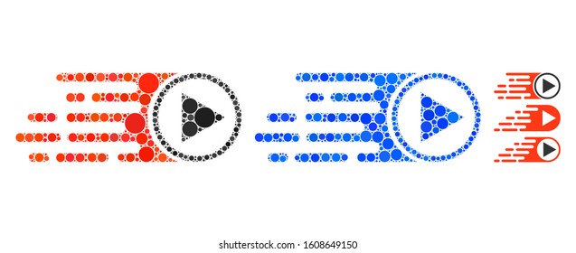 Rush play symbol composition of small circles in variable sizes and shades, based on rush play symbol icon. Vector small circles are grouped into blue composition.