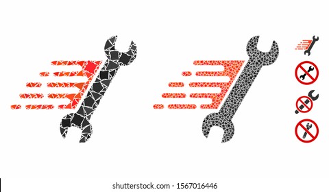Rush repair mosaic of humpy pieces in variable sizes and color tinges, based on rush repair icon. Vector joggly pieces are composed into mosaic. Rush repair icons collage with dotted pattern.