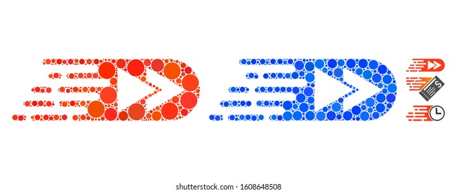 Rush rewind forward composition of circle elements in variable sizes and color tinges, based on rush rewind forward icon. Vector round elements are organized into blue composition.