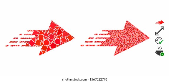 Rush right arrow composition of ragged pieces in different sizes and color tinges, based on rush right arrow icon. Vector humpy pieces are grouped into mosaic.