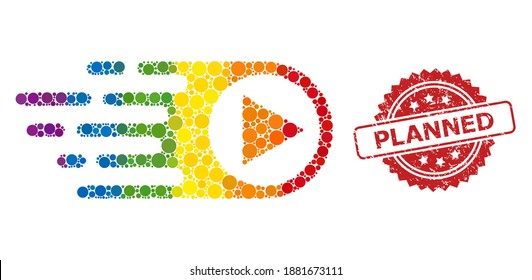 Icono de collage a la derecha de puntos redondos en tamaños variables y tintes de color LGBT, y sello de rosette impuro planeado. Un derecho punteado de Rush de color LGBT para lesbianas, gays, transgéneros y bisexuales.