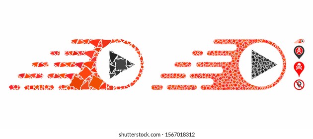 Rush right direction composition of tuberous items in various sizes and color tones, based on rush right direction icon. Vector tuberous dots are combined into collage.