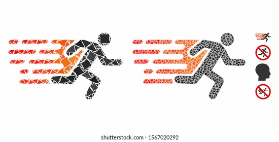 Rush-Run-Mann-Mosaik von rauen Objekten in variabler Größe und Farbtönen, basierend auf der Eile laufend Mann Symbol. Vektor-Rohware wird in Mosaik zusammengefasst. Rush Run-Run-Man-Icons Collage mit gepunktetem Muster.