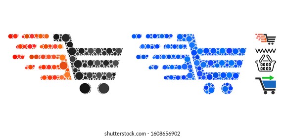 Rush shopping cart composition of round dots in variable sizes and color hues, based on rush shopping cart icon. Vector round elements are grouped into blue composition.