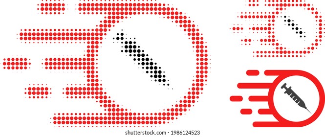 Rush vaccine halftone dotted icon. Halftone array contains round dots. Vector illustration of rush vaccine icon on a white background.