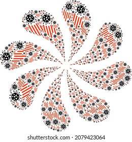 Rush virus icon curl burst flower fireworks composition. Flower burst combined using scattered rush virus symbols.