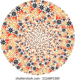 Rush virus items are composed into spheric group. Rush virus icon round collage. Abstraction round bubble collage combined from rush virus items.