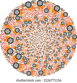 Rush wheel icons are organized into ball collection. Rush wheel icon spheric mosaic. Abstract spheric bubble mosaic is designed with rush wheel symbols.