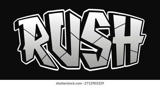 Rush word creating graffiti style lettering with a dynamic 3D gradient effect and white outline, emphasizing speed, urgency, and artistic urban expression on a stark black background