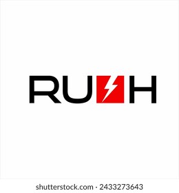Diseño de palabra de Rush con símbolo de rayo en la letra S.