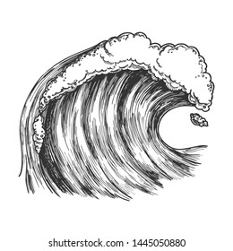 Rushing Foamy Tropical Ocean Marine Wave Vector. Dangerous Great Cool Standing Marine Surge Storm Tidal Stream Surf Water. Motion Aqua Tsunami Power And Weather Concept Monochrome Cartoon Illustration