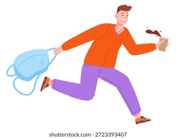 Hombre apresurado con café y mochila. Tarde para el carácter de color de la escuela
