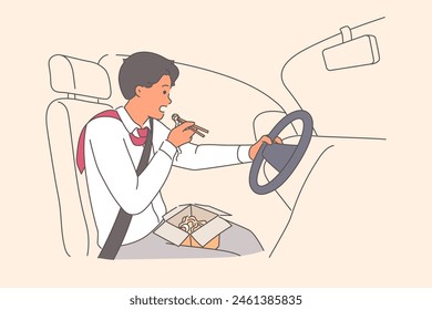 Rushing man driver eats noodles and drives car at same time, because of strict deadlines at work. Busy driver risks life and cannot interrupt job process for lunch due to busy business schedule