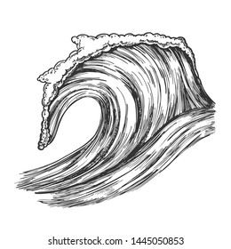 Rushing Tropical Ocean Marine Wave Storm Vector. Foamy Water Marine Surge Dangerous Seascape Element Clean Breach. Motion Nature Aquatic Tsunami Black And White Hand Drawn Cartoon Illustration