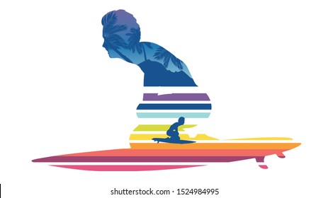 Rushing waves and surfing man silhouette design.