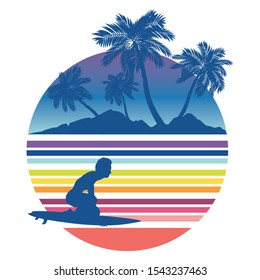 Rushing waves and surfing man silhouette design.
