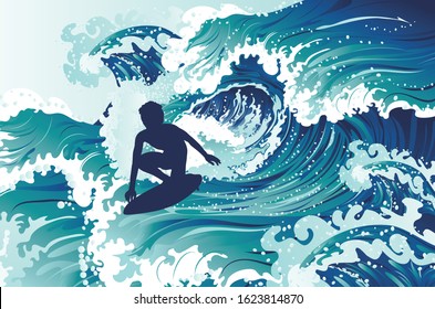 Rushing waves and surfing man silhouette design.
