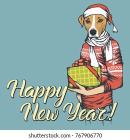 Russell Terrier Dog vector Christmas concept. Illustration of dog  in human sweatshirt with gift in his hads celebrating new year