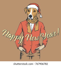 Russell Terrier Dog vector Christmas concept. Illustration of dog  in human suit celebrating new year