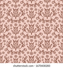  Fondo arabesco marrón ruso. Patrón vectorial de amortiguador retro sin inconvenientes. Fondo estilizado de textura de flores vintage. La moderna moda de los años 70 o la decoración de la casa. Prin de adornos decorativos