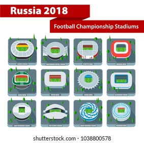 Russia 2018 Football Championship Stadiums Isolated On White Background. Vector Illustration