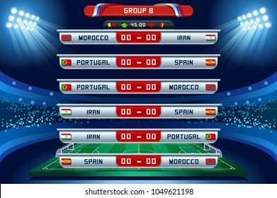 Russia 2018 Football world cup group B. Set of four different flag illustration. Vector flag collection. 2018 soccer world tournament in Russia. World football cup. Nations flags info graphic.