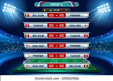 Russia 2018 Football world cup group G. Set of four different flag illustration. Vector flag collection. 2018 soccer world tournament in Russia. World football cup. Nations flags info graphic.