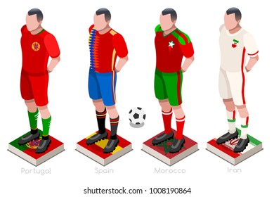 Russia 2018 soccer world cup group B of players with team shirts jersey flags. Referee Russia soccer 2018 championship football vector illustration. 