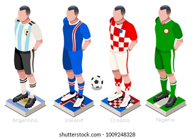 Russia 2018 Soccer world cup group D players with team shirts flags and ball. Isometric football vector illustration