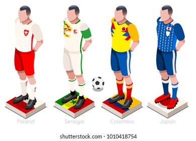 Russia 2018 Soccer world cup group H players with team shirts flags and ball. Isometric football vector illustration