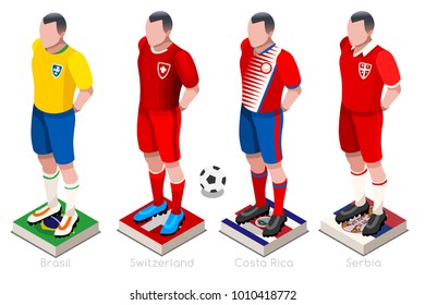 Russia 2018 Soccer world cup group E players with team shirts flags and ball. Isometric football vector illustration