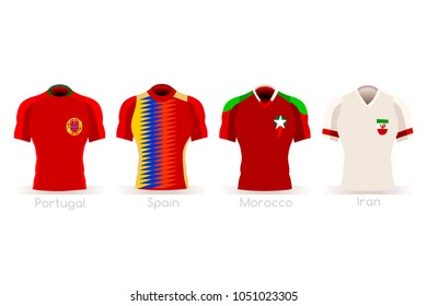 Russia 2018 soccer world cup group B of players with team shirts jersey flags. Referee Russia soccer 2018 championship football vector illustration. 