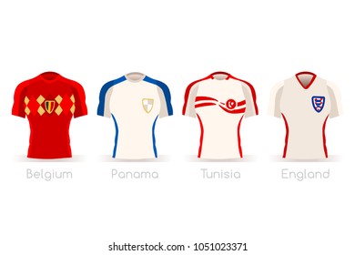 Russia 2018 soccer world cup group G of players with team shirts jersey flags. Referee Russia soccer 2018 championship football vector illustration. 