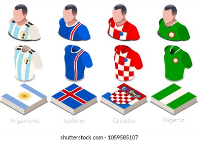 Russia 2018 soccer world cup group d of players with team shirts jersey flags. Referee Russia soccer 2018 championship football vector illustration.