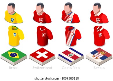 Russia 2018 soccer world cup Jersey.  group E players with team shirts flags and ball. referee football vector illustration.