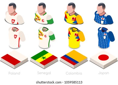 Copa Mundial de Fútbol Rusia 2018. Grupo H de jugadores con banderas de pantalones y pelota. ilustración vectorial de fútbol de referencia.