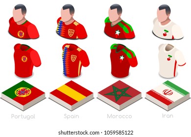 Grupo del Mundial de Fútbol Rusia 2018 b de jugadores con banderas de camiseta de pantalones de equipo. Ejemplo del campeonato de fútbol Rusia 2018. 