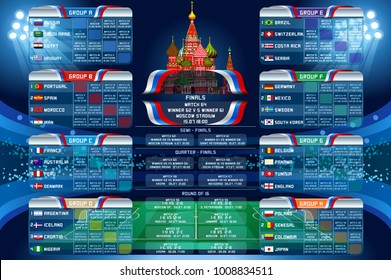 Calendario de la Copa Mundial Rusia 2018. Ilustración vectorial de plantilla de tabla de programación de fútbol. Resultados finales con indicadores de países coincidentes con fecha y hora y ubicación