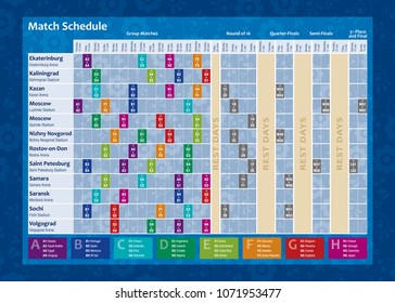 Calendario de la Copa Mundial Rusia 2018. Cronograma completo con la fecha de cada partido de fútbol y el nombre de la ciudad y el estadio. Ilustración del vector