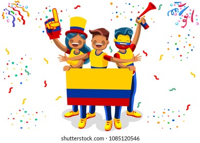 Russia 2018 world cup, Colombia football fans. Cheerful soccer fans, supporters crowd and Colombian flag. Colombia national day. Isometric people, vector illustration, sports images. White background.