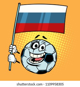 Russia 2018 world Cup. Country flag. Football soccer ball. Funny character emoticon sticker. Sport world championship competition. Comic cartoon pop art retro vector illustration