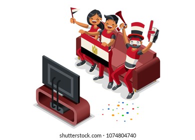 Russia 2018 world cup, Egyptian football supporters. Cheerful soccer supporters crowd and Egypt flag. Flat Isometric people celebrating Egyptian national day. Vector illustration hero images, banner.