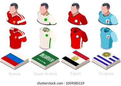 Russia 2018 world cup Football. Soccer world cup group A of players with team shirts flags and ball. referee football vector illustration. 