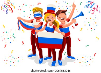 Russia 2018 World Cup Football Supporter Crowd, Cheerful Soccer Supporters With Russian Flag. Isometric People Celebrating National Day. Vector Illustration For Web Banner, Infographics, Hero Images.