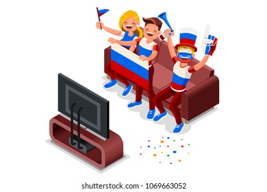 Russia 2018 world cup football supporter crowd, cheerful soccer supporters with russian flag. Isometric people celebrating national day. Vector illustration for web banner, infographics, hero images.