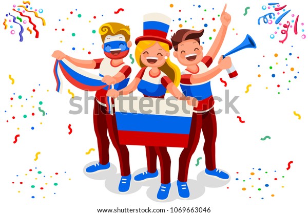 18年のロシアのワールドカップサッカーサポーター群衆 ロシア国旗を持つ明るいサッカーサポーター 国民の日を祝うアイソメの人々 ウェブバナー インフォグラフィック ヒーロー画像のベクターイラスト のベクター画像素材 ロイヤリティフリー
