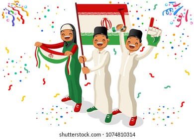 Russia 2018 world cup, Iran football supporters. Cheerful soccer supporters crowd with Iranian flag. Flat Isometric people celebrating Iran national day. Vector illustration for web banner hero images